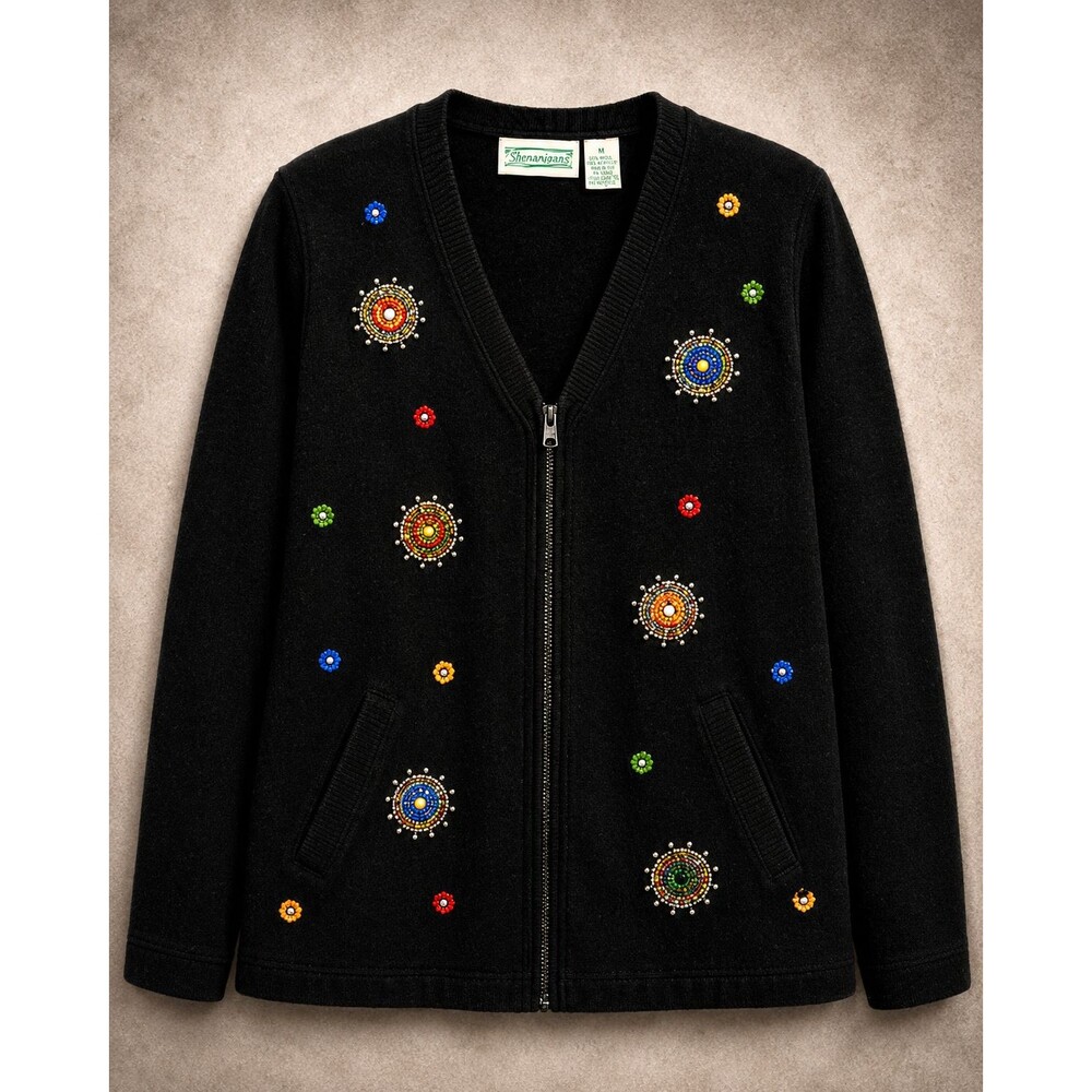 Vintage Beaded Cardigan Womens M Shenanigans Black Celestial Embroidered Zip